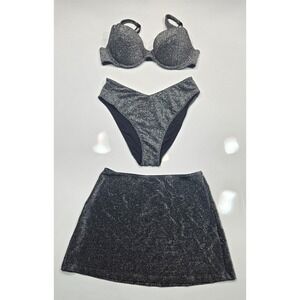 PINK Victoria's Secret Sparkly Silver Black 3 Piece Bikini Swimsuit Set S (1291)